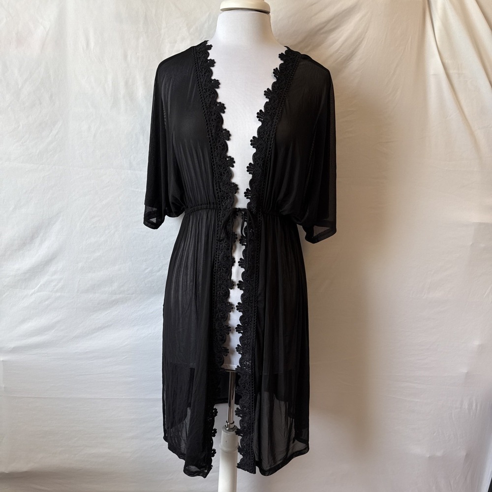 Paperoc Black‎ Sheer Lace Trim Lightweight Delicate Robe XL Sexy Boho Whimsigoth